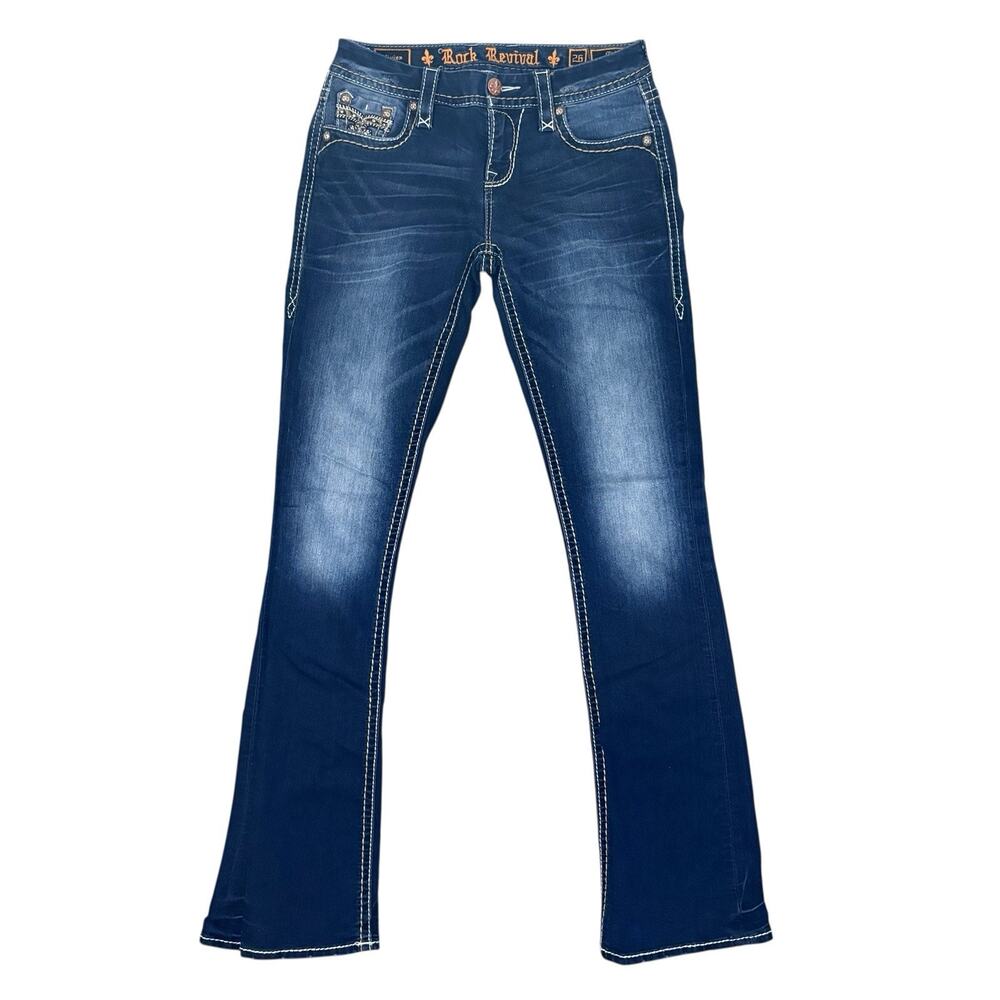Rock Revival Vivian Jeans Women’s 26 Mid-Rise Curvy Bootcut Blue Embellished